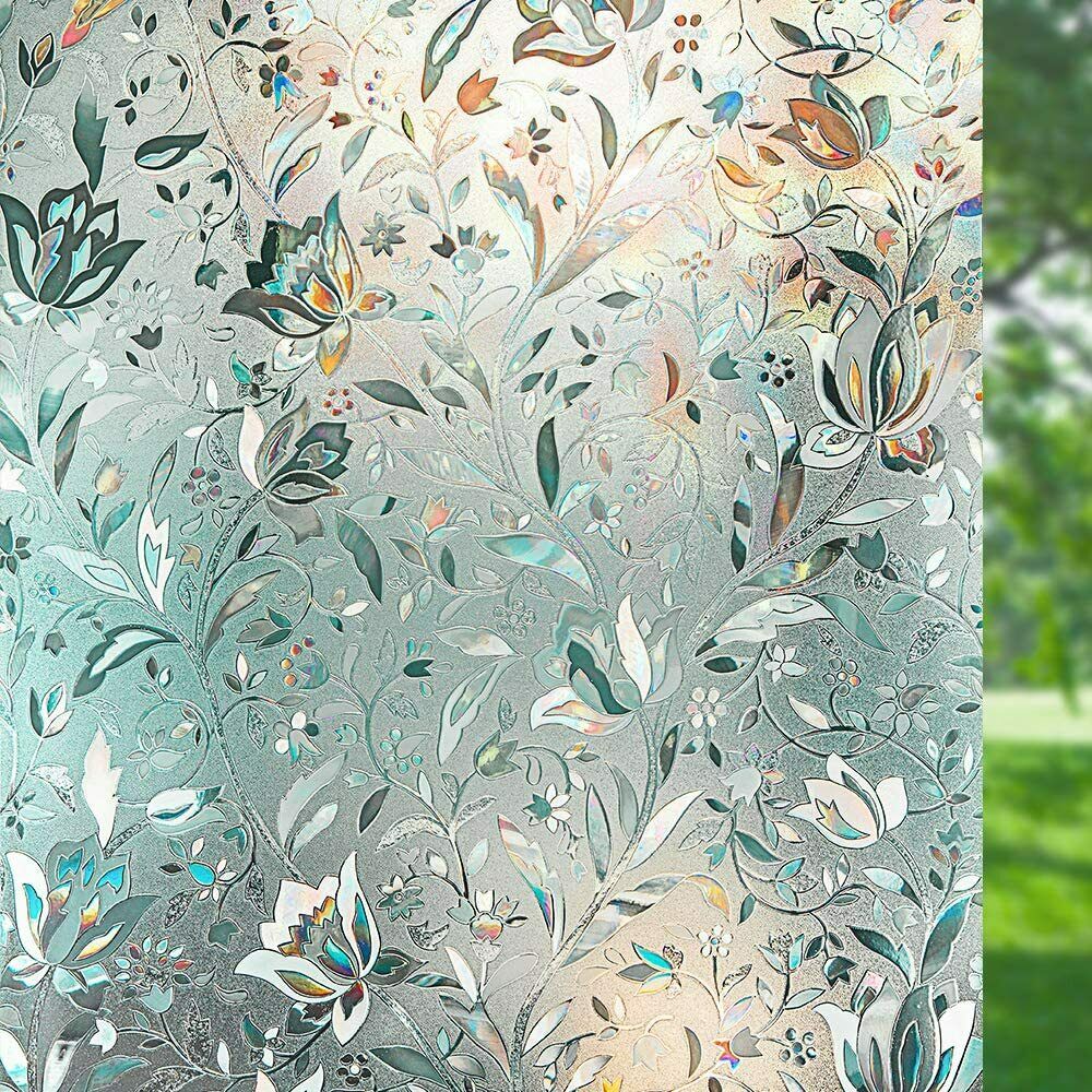 Rabbitgoo 3d Decorative Window Film Stained Glass Film Rainbow Frosted Flowers