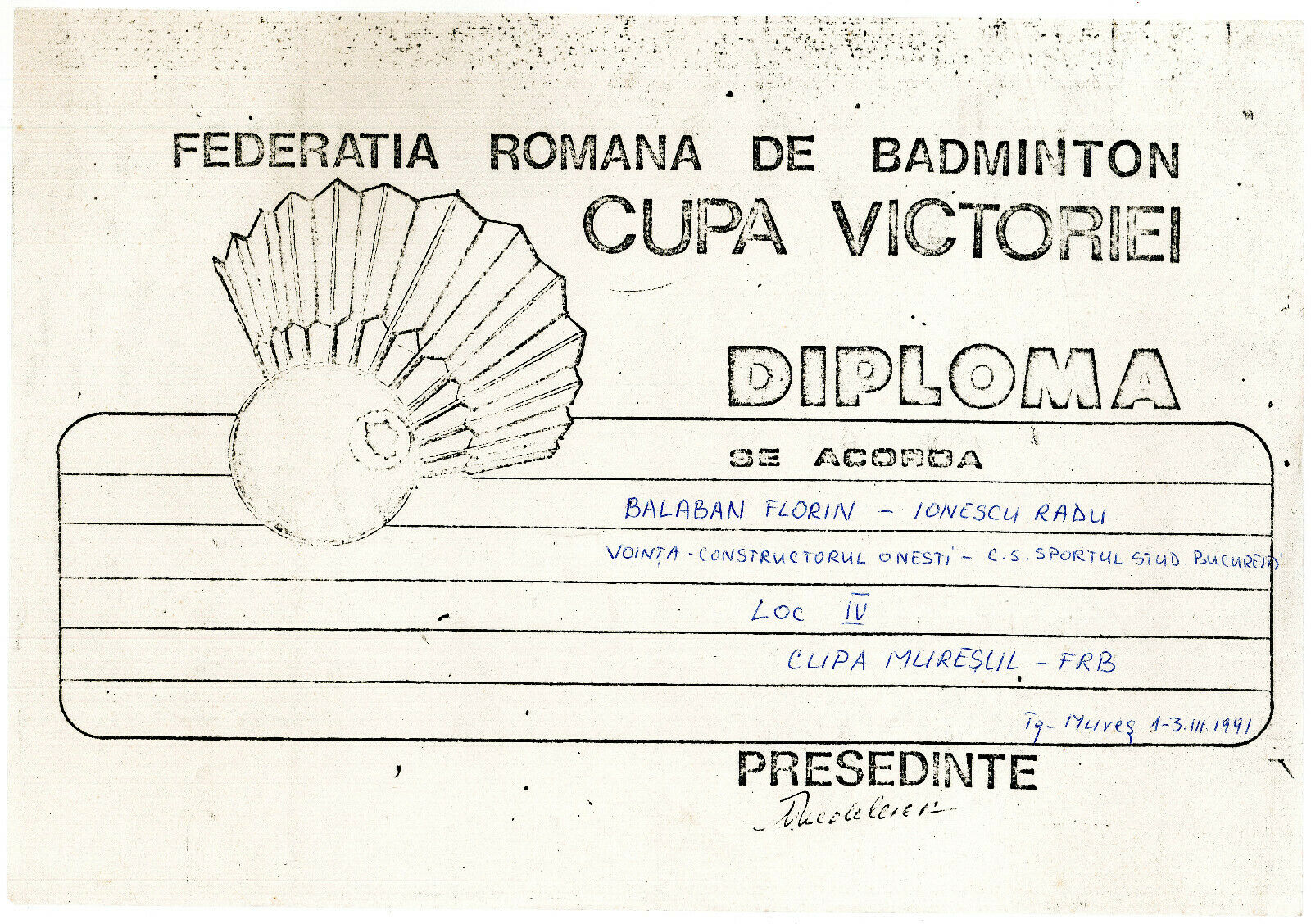Romania, 1991, Romanian Badminton Federation Diploma