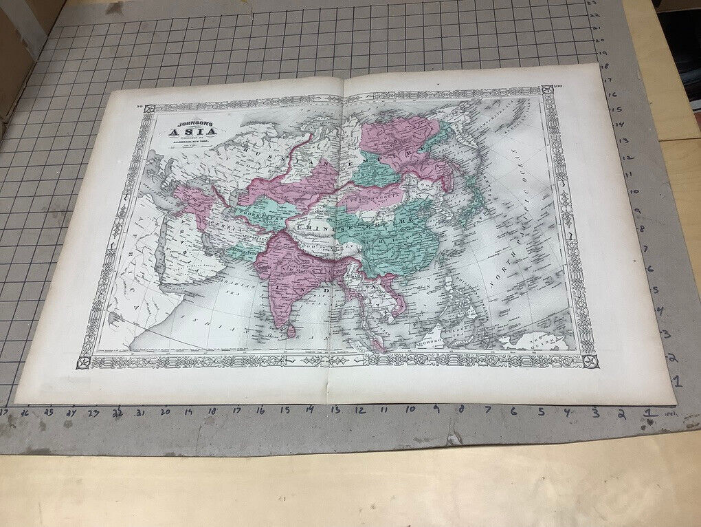 Original 1860's Asia, :-) Antique Vintage Johnson's Map: 26.5 X 18"