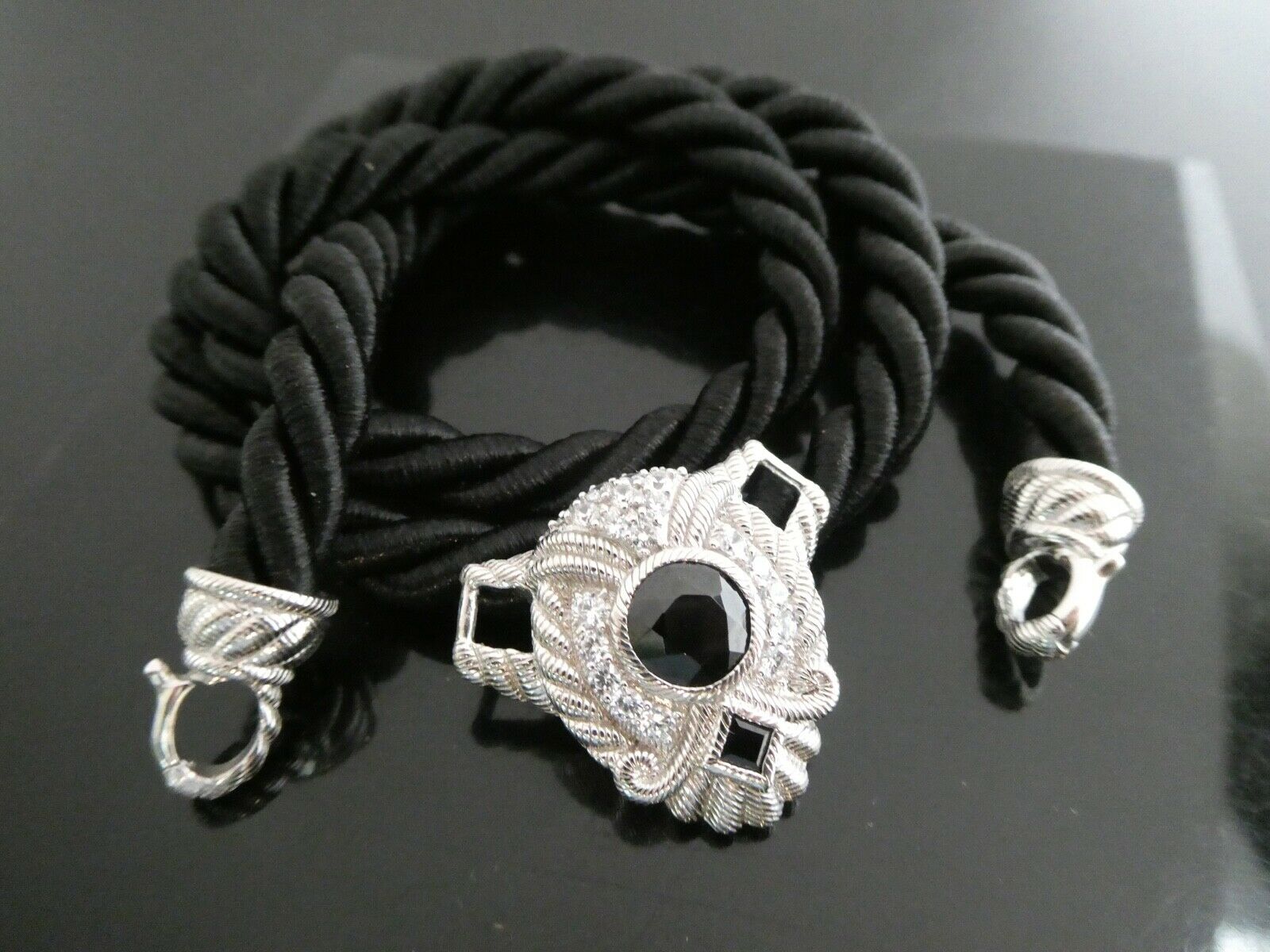 Judith Ripka Black Satin Cord Sterling Silver- Black Onyx -cz Pendant Necklace