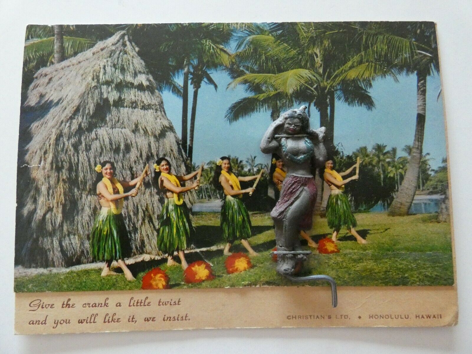Vintage Hawaiian Hula Girl Postcard~ Crank Handle To Make Her Hula~honolulu