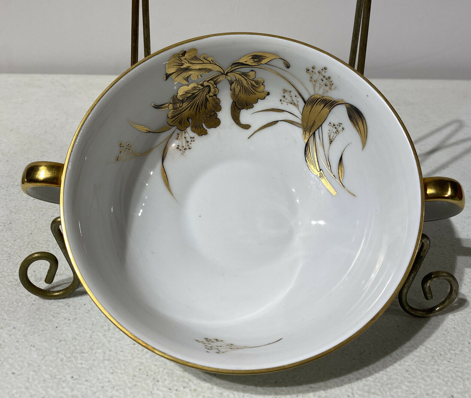 Vintage H&Co Selb Bavaria Heinrich Golden Orchid   Dbl Handle Cream Soup Bowl