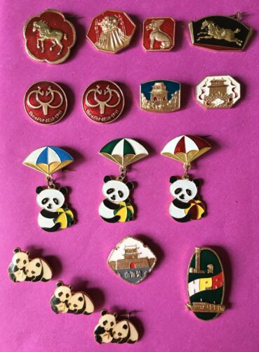 16 Vintage Shanghai China Souvenir Pin Pin Back Panda Horse Foo Dog Temple