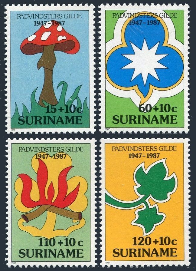 Surinam B356-B359,MNH.Michel 1210-1213. Girl Guides-40,1987.Mushroom,Clover,Camp