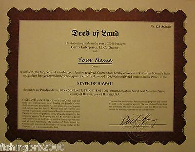 Hawaii Land Deed - 1 square inch - novelty gift