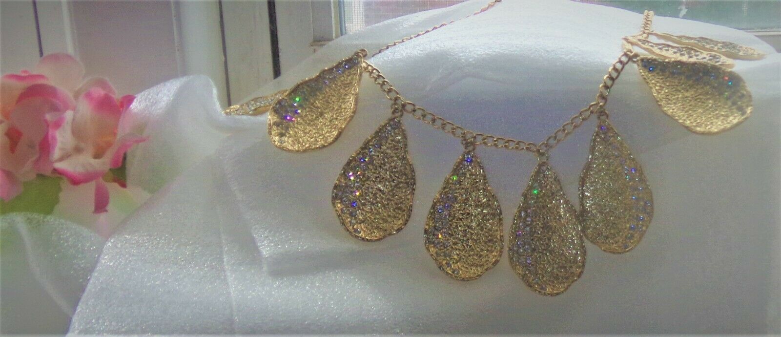 Vintage Scaasi Stunning Chain Necklace W/ 9 Tear Drop Shaped Rhinestone Links