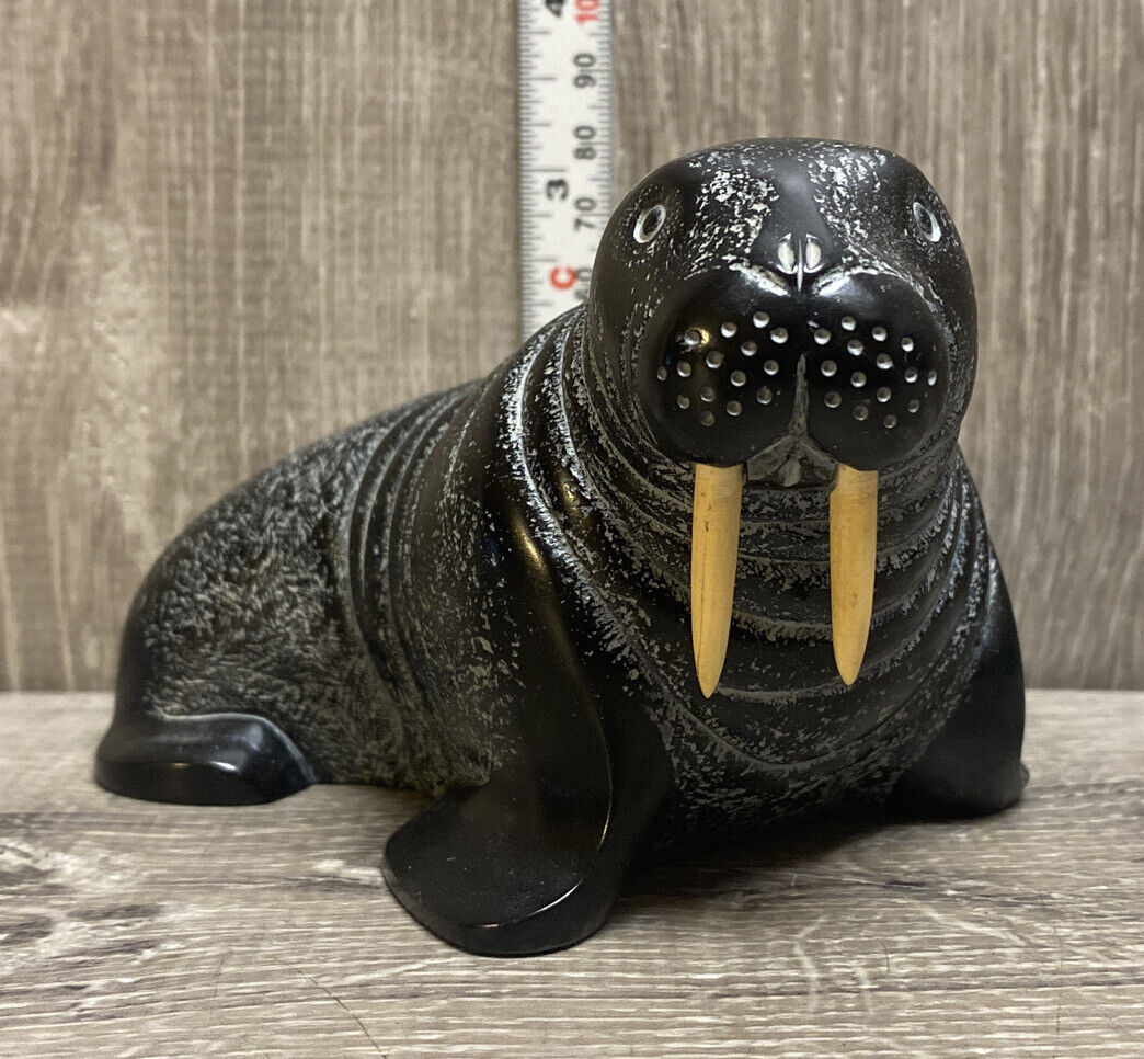 Vintage Black Walrus BOMA Inuit Art Hand Carved Vancouver Canada