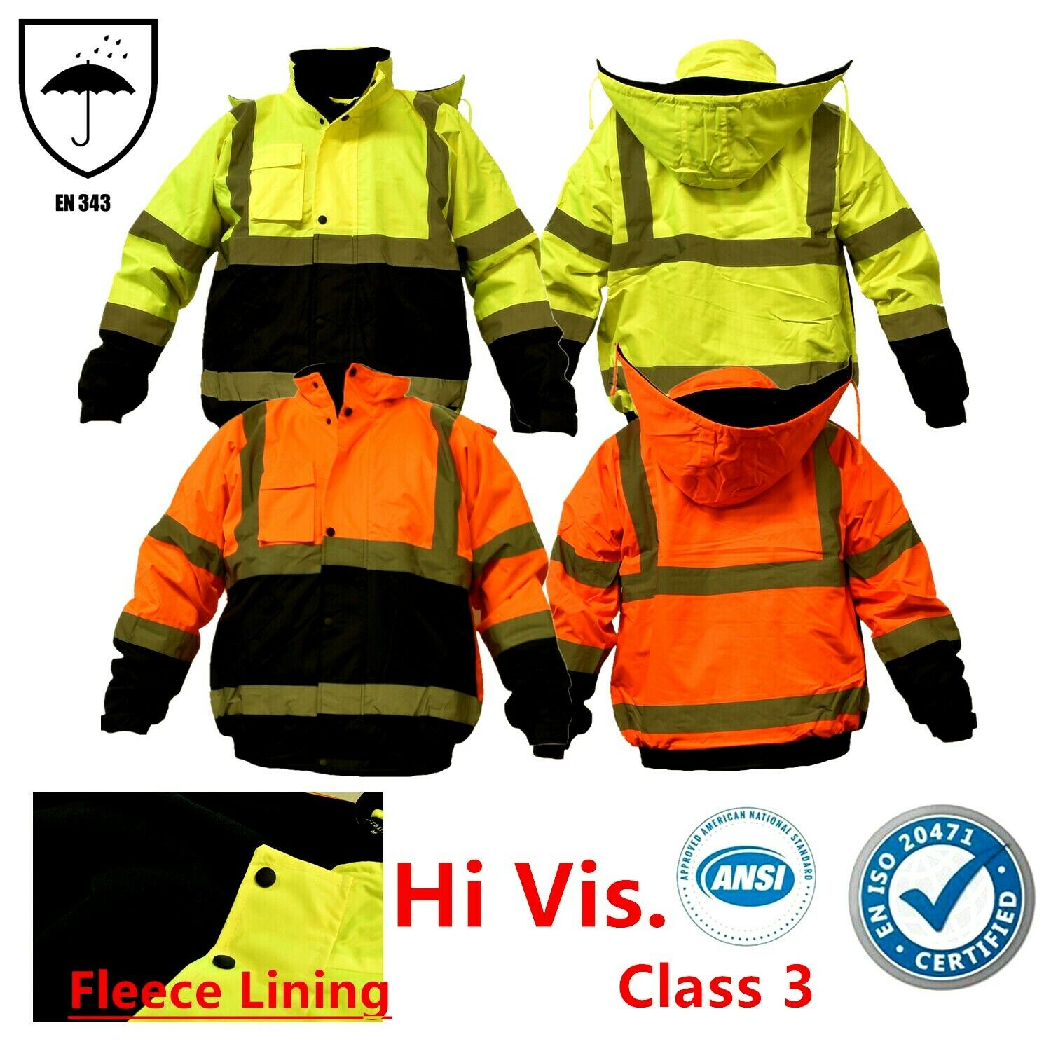 Hi Vis Waterproof Class 3 Insulated Reflective Bomber Jacket Coat Fleece Lining