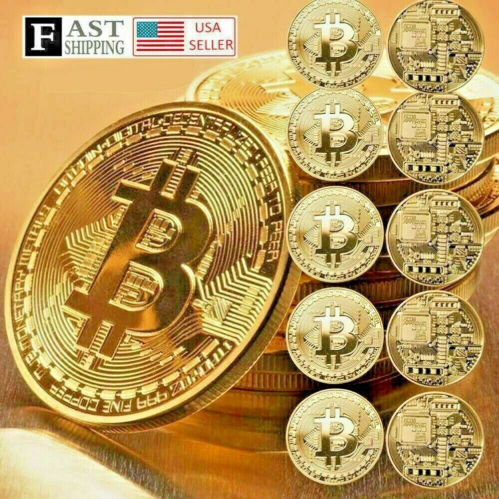 10 Pcs Gold Bitcoin Coins Commemorative 2021 New Collectors Gold Plated Bit Coin