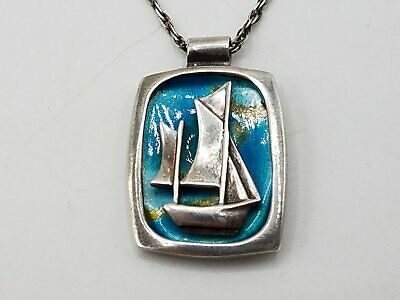 925 Silver Enamel Sailboat Vintage Pendant 16" Necklace Tt357