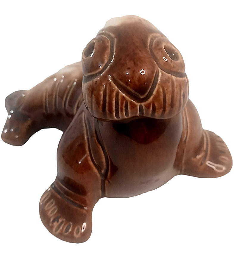 Vintage Studio Pottery Silly Walrus Figurine Brown Glaze Artist Signed 5"x 3 3/4