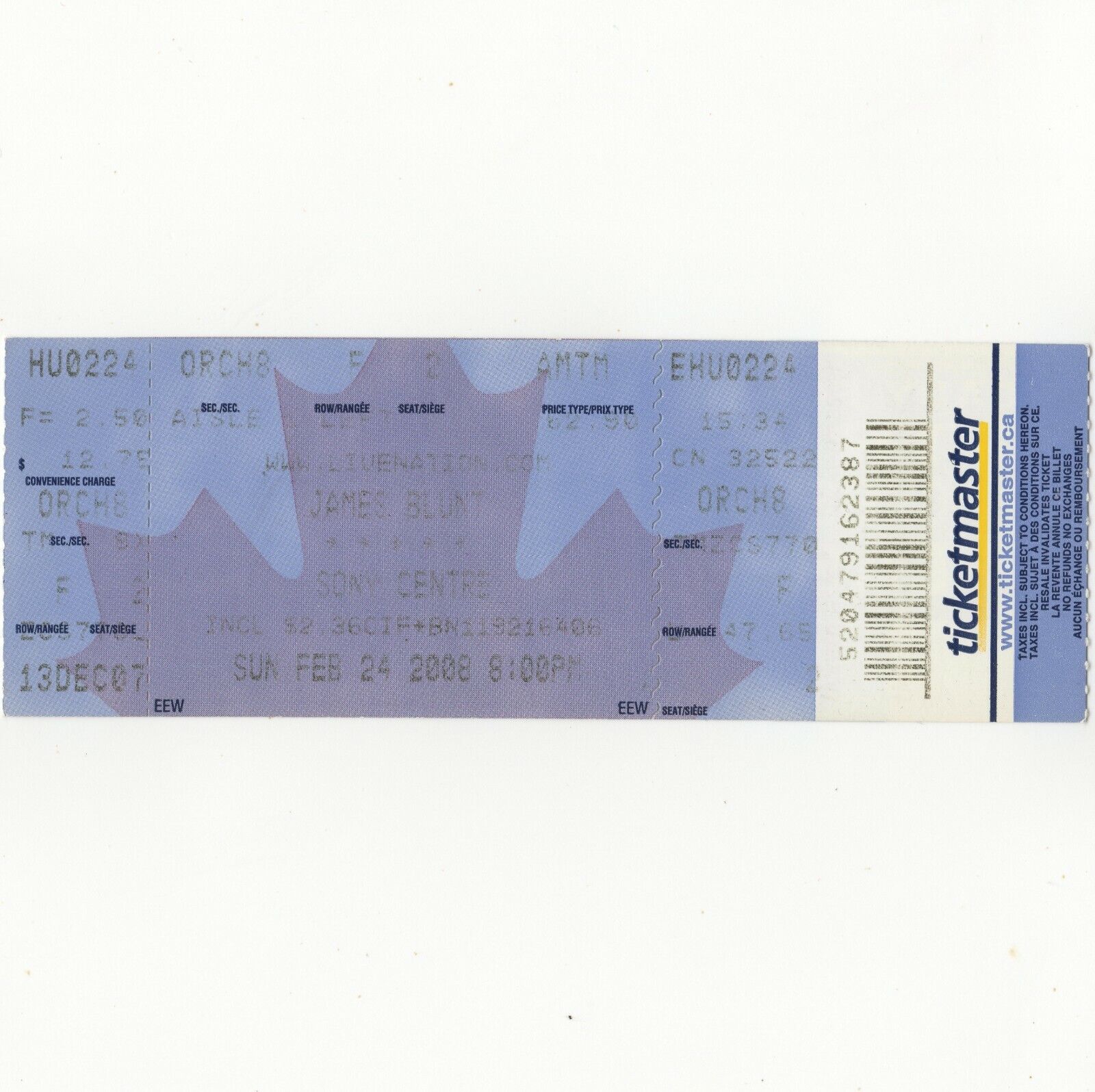James Blunt Full Concert Ticket Stub Toronto On 2/24/08 Canada Sony Center Rare